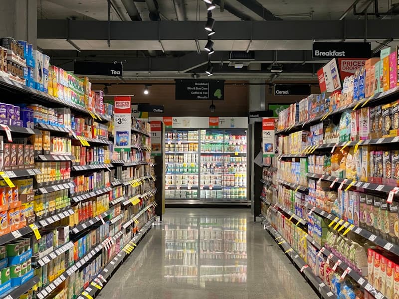 Grocery store aisle with FMCG products
